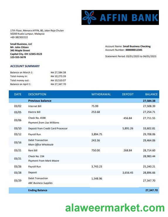Affin Bank company checking account statement Word and PDF template
